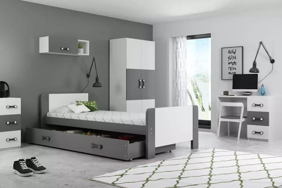 Lit ado simple Darek 80X200 avec matelas et tiroir, gris