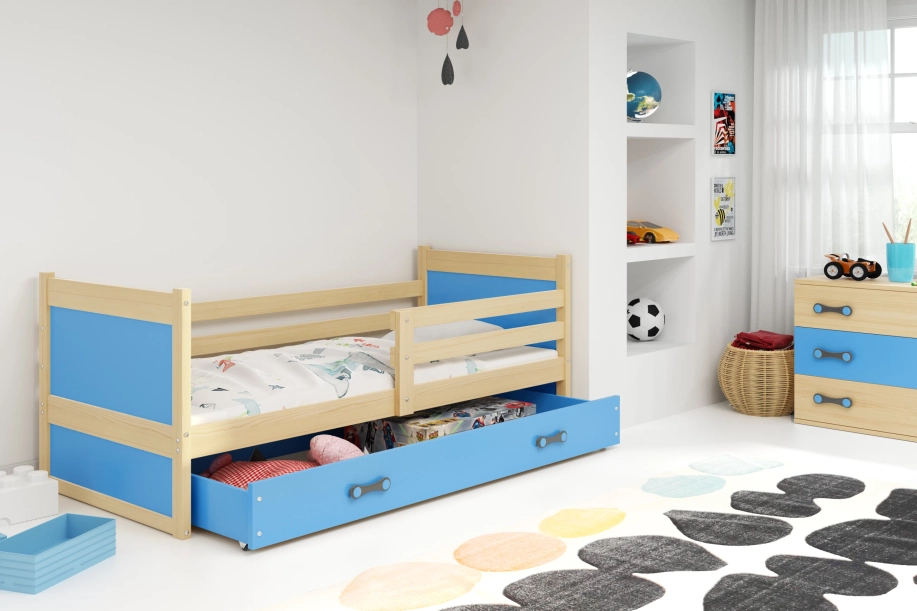 Lit ado simple Rico 90X200 avec matelas et tiroir, pin/bleu