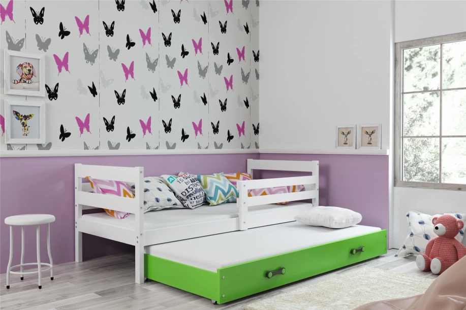 Lit ado gigogne Éric 90X190 avec matelas et tiroir, blanc/vert