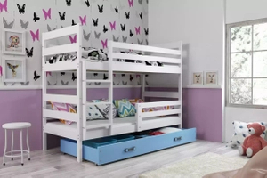 Lit ado superposé Éric 90X200 avec matelas et tiroir, blanc/bleu
