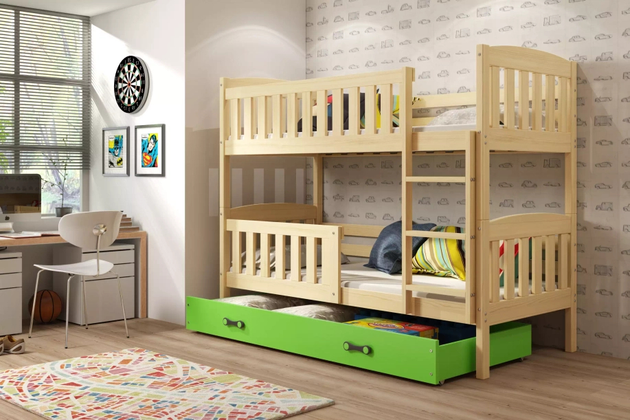 Lit ado superposé Jacquot 90X200 avec matelas et tiroir, pin/vert