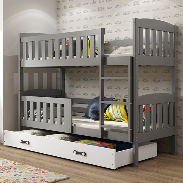 Lit ado superposé Jacquot 90X200 avec matelas et tiroir, gris/blanc
