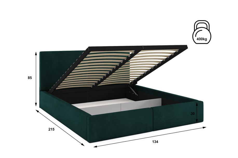Lit double rembourré Le Hilton 120X200 avec matelas et coffre, vert