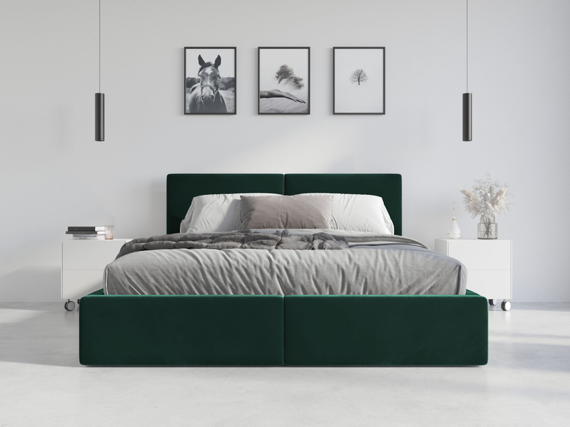 Lit double rembourré Le Hilton 120X200 avec matelas et coffre, vert