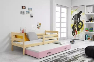 Lit ado gigogne Éric 90X190 avec matelas et tiroir, pin/rose