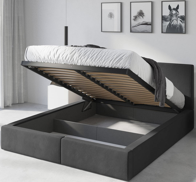 Lit double rembourré Le Hilton 140X200 avec matelas et coffre, graphite