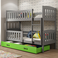 Lit ado superposé Jacquot 90X200 avec matelas et tiroir, gris/vert