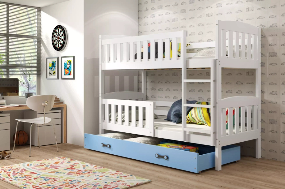 Lit ado superposé Jacquot 90X200 avec matelas et tiroir, blanc/bleu