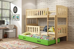 Lit ado superposé 3 places Jacquot 90X200 avec matelas et tiroir, pin/vert