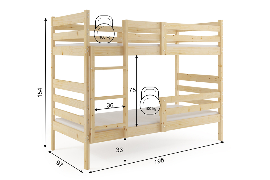 Lit ado superposé Éric 90X190 avec matelas, bois naturel
