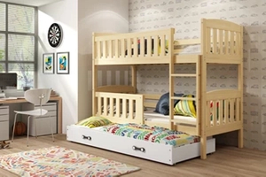 Lit ado superposé 3 places Jacquot 90X200 avec matelas et tiroir, pin/blanc