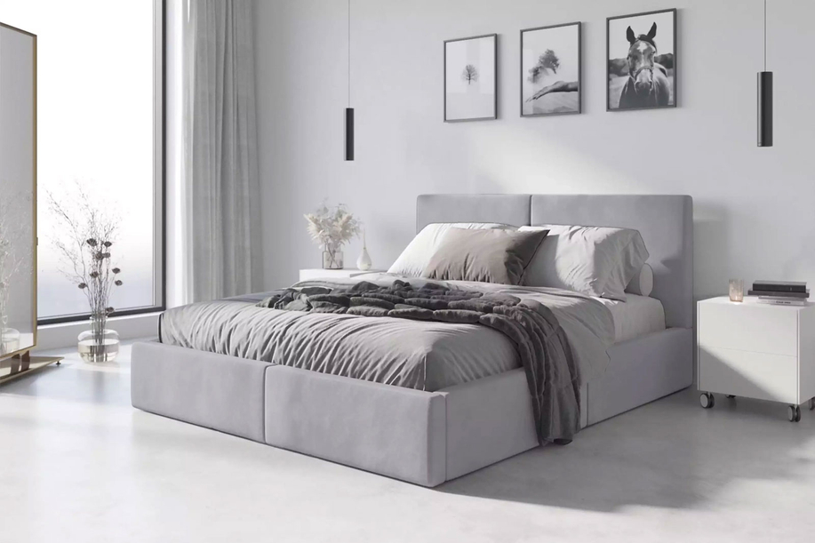 Lit double rembourré Le Hilton 140X200, gris clair