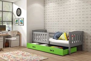 Lit ado simple Jacquot 80X190 avec matelas et tiroir, gris/vert