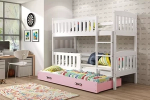 Lit ado superposé 3 places Jacquot 90X190 avec matelas et tiroir, blanc/rose