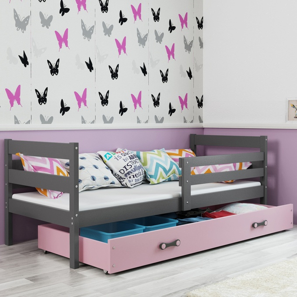 Lit ado simple Éric 90X190 avec matelas et tiroir, gris/rose