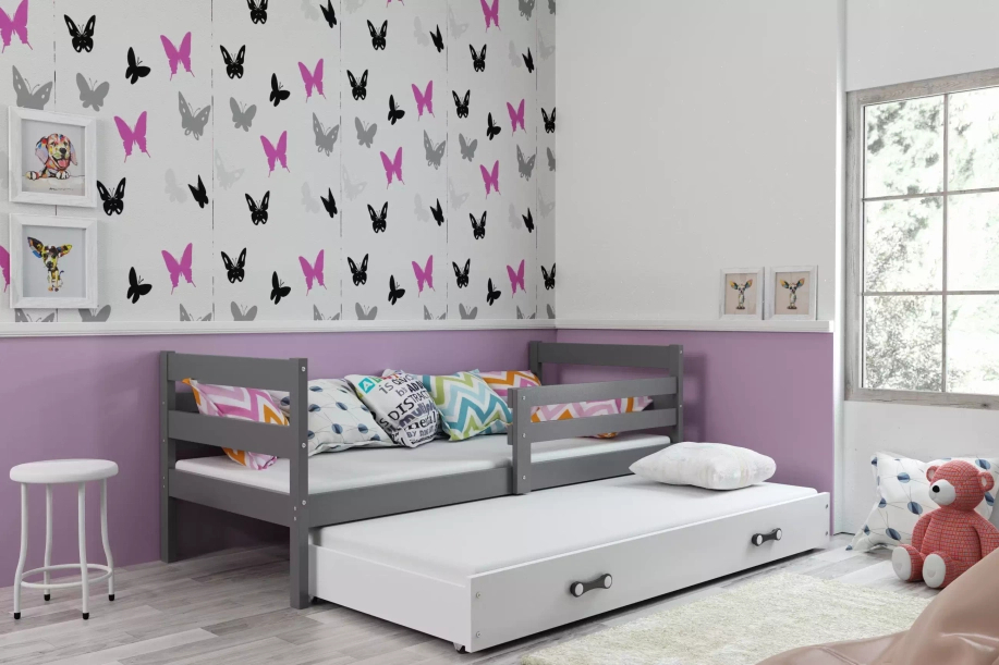 Lit ado gigogne Éric 90X200 avec matelas et tiroir, gris/blanc