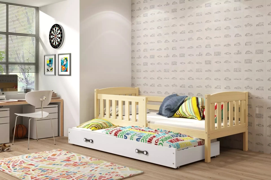 Lit ado gigogne Jacquot 90X190 avec matelas et tiroir, pin/blanc