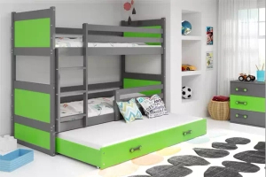 Lit ado superposé 3 places Rico 90X190 avec matelas et tiroir, gris/vert
