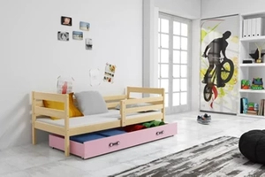 Lit ado simple Éric 80X190 avec matelas et tiroir, pin/rose