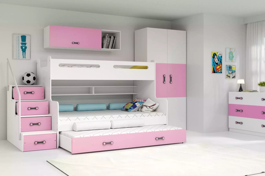 Lit ado superposé 3 places Max 3 120X200 avec matelas et tiroir, rose
