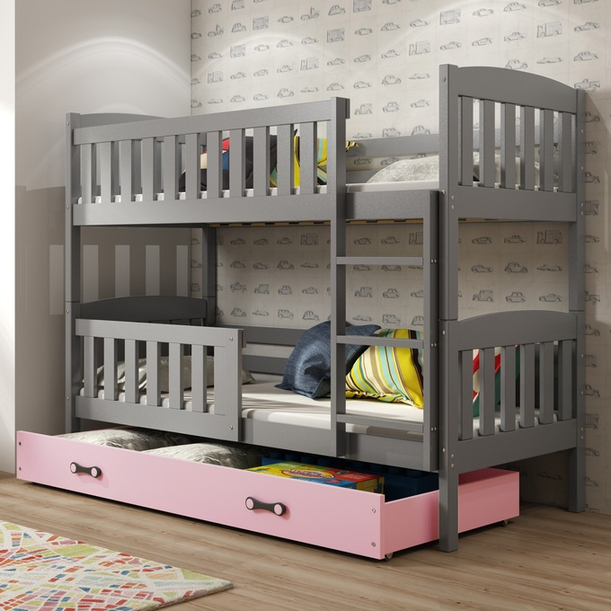 LIT ADOLESCENT SUPERPOSÉ KUBUS LE CADRE EN GRIS LE TIROIR EN ROSE SANS MATELAS 90 X 200