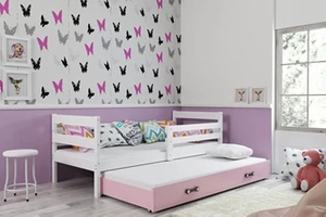 Lit ado gigogne Éric 80X190 avec matelas et tiroir, blanc/rose