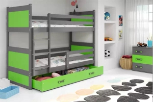 Lit ado superposé Rico 90X190 avec matelas et tiroir, gris/vert