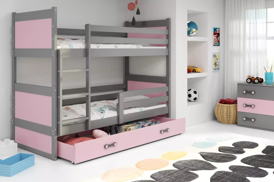 Lit ado superposé Rico 90X190 avec matelas et tiroir, gris/rose