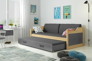 Lit ado gigogne David 90X200 avec matelas et tiroir, pin/gris