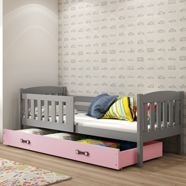 Lit enfant simple Jacquot 80X160 avec tiroir, gris/rose