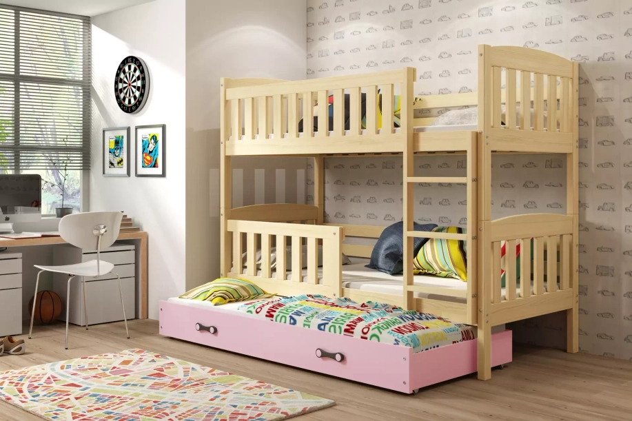 Lit ado superposé 3 places Jacquot 90X190 avec matelas et tiroir, pin/rose