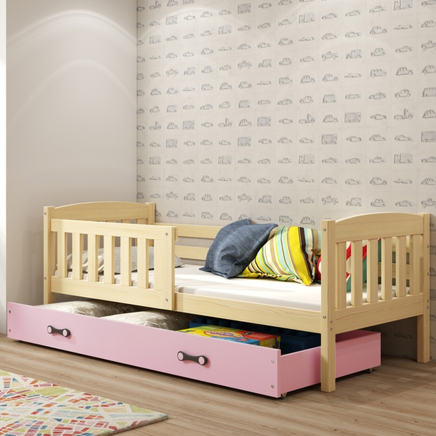 Lit ado simple Jacquot 90X190 avec tiroir, pin/rose