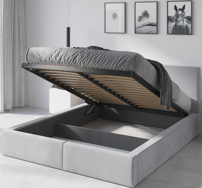Lit double rembourré Le Hilton 140X200 avec matelas et coffre, gris clair