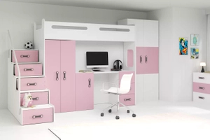 Lit ado simple Max 4 80X200 avec matelas et bureau, rose