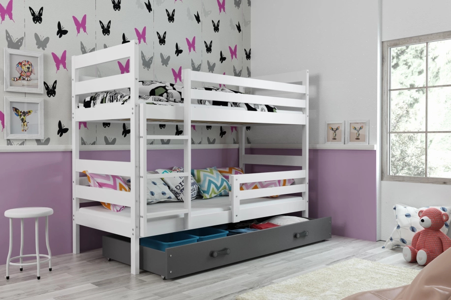 Lit ado superposé Éric 90X200 avec matelas et tiroir, blanc/gris