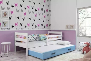 Lit ado gigogne Éric 90X190 avec matelas et tiroir, blanc/bleu
