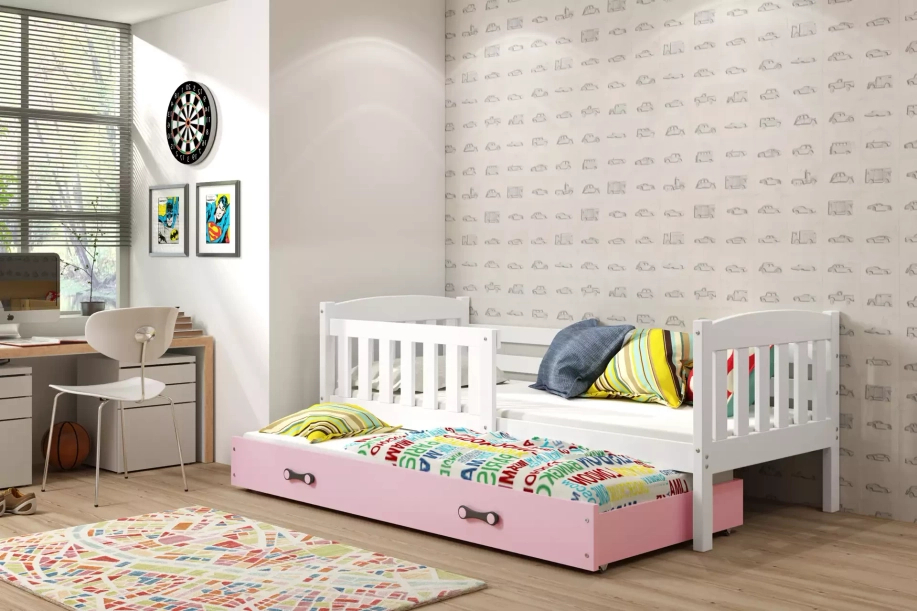 Lit ado gigogne Jacquot 90X190 avec matelas et tiroir, blanc/rose