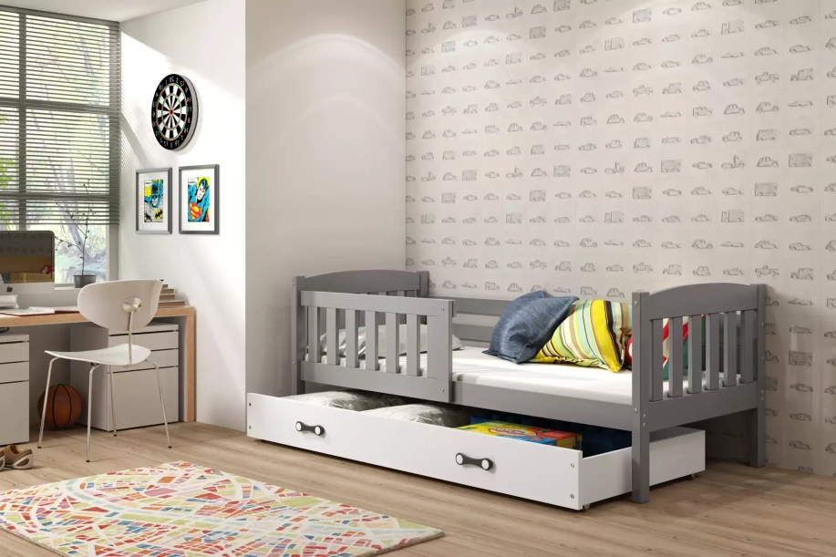 Lit ado simple Jacquot 90X190 avec matelas et tiroir, gris/blanc