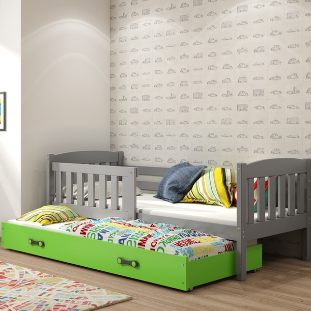 Lit ado gigogne Jacquot 90X190 avec matelas et tiroir, gris/vert