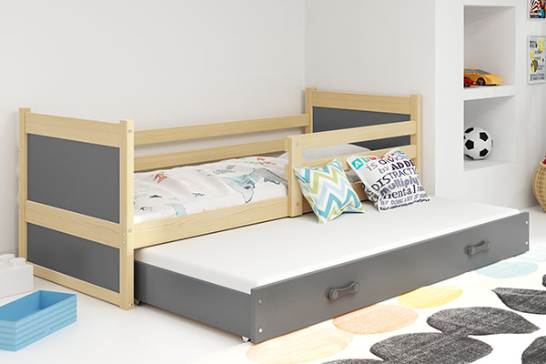 Lit ado gigogne Rico 90X200 avec matelas et tiroir, pin/gris