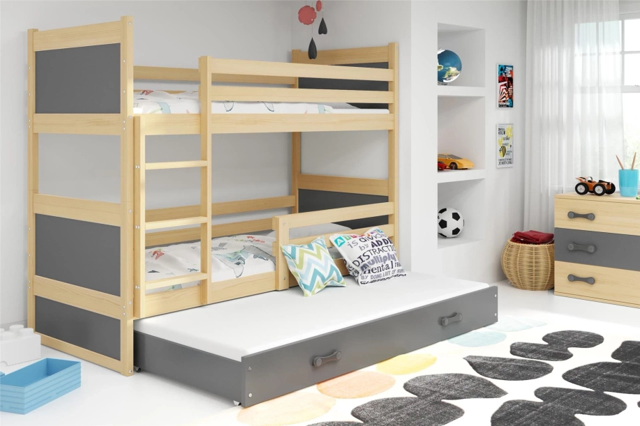 Lit ado superposé 3 places Rico 90X190 avec matelas et tiroir, pin/gris