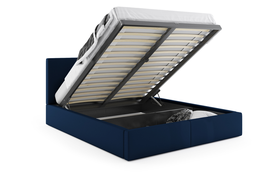 Lit double rembourré Le Hilton 180X200 avec matelas et coffre, bleu