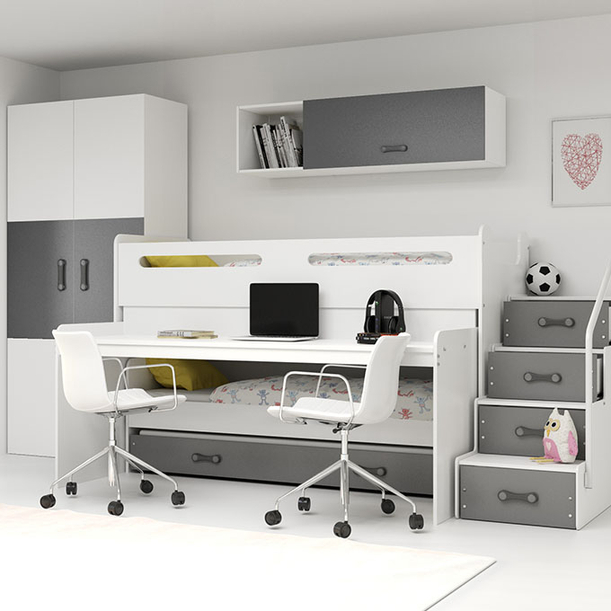 Lit ado superposé 3 places Max 1 80X200 mezzanine avec bureau, gris