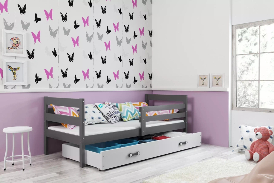Lit ado simple Éric 90X200 avec matelas et tiroir, gris/blanc