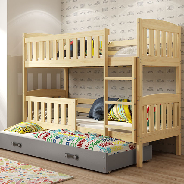 Lit ado superposé 3 places Jacquot 90X190 avec matelas et tiroir, pin/gris