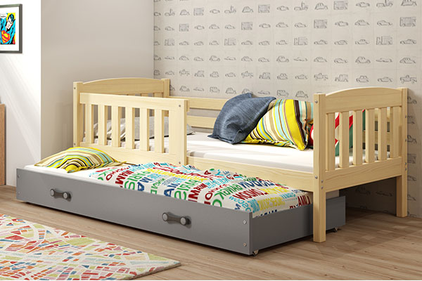 Lit ado gigogne Jacquot 80X190 avec matelas et tiroir, pin/gris