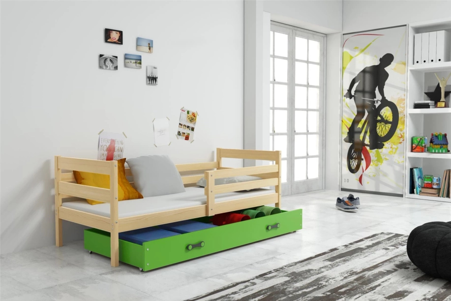 Lit ado simple Éric 90X190 avec matelas et tiroir, pin/vert