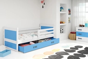 Lit ado simple Rico 80X190 avec matelas et tiroir, blanc/bleu