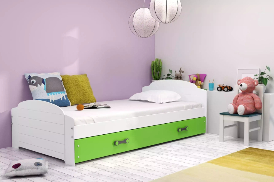 Lit ado simple Lili 90X200 avec tiroir, blanc/vert