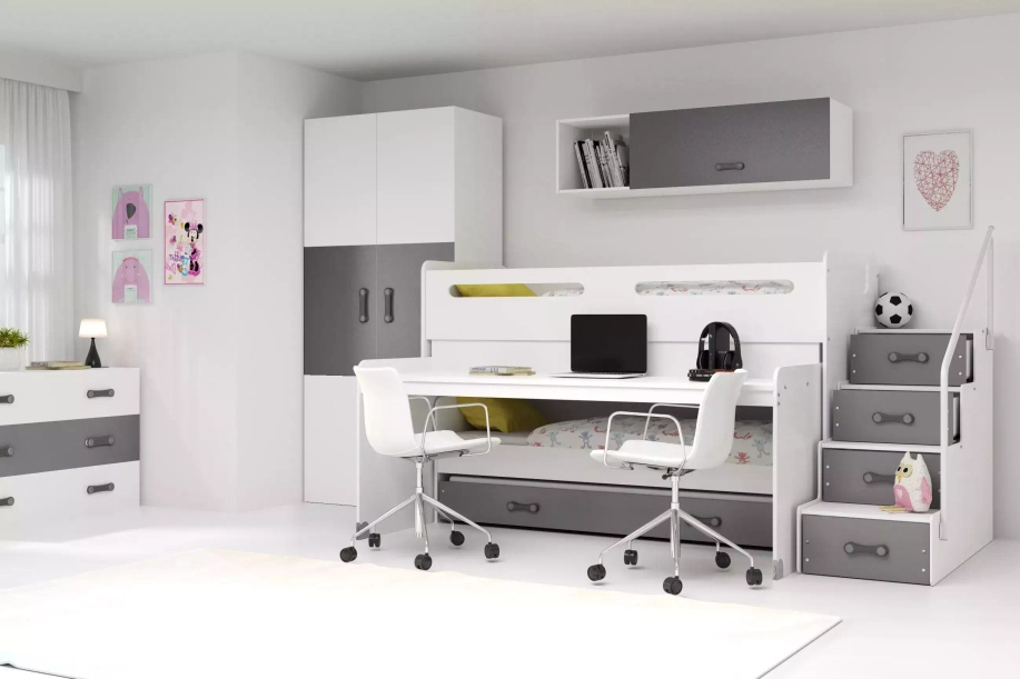 Lit ado superposé 3 places Max 1 80X200 mezzanine avec bureau, gris